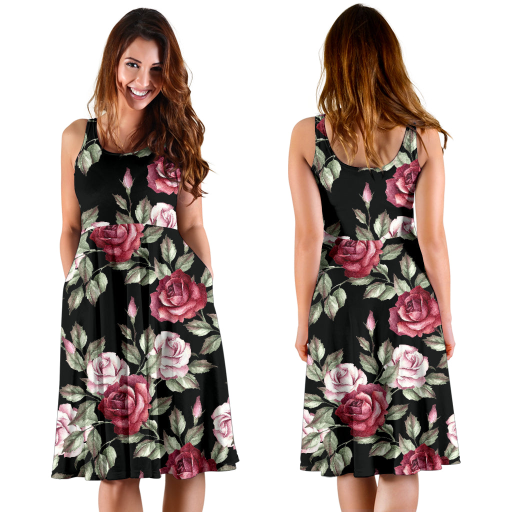 Rose Red Pink Pattern Print Design RO03 Midi Dress