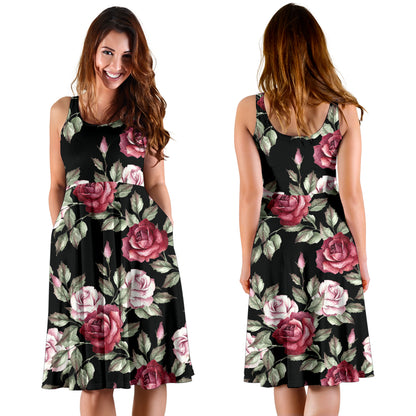 Rose Red Pink Pattern Print Design RO03 Midi Dress