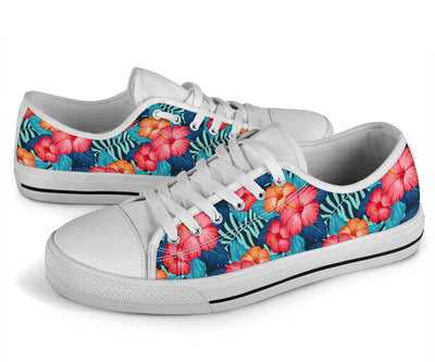 Red Hibiscus Pattern Print Design HB02 White Bottom Low Top Shoes