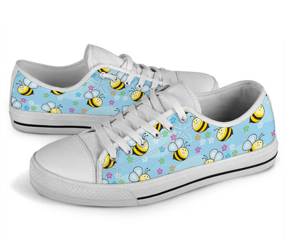 Bee Pattern Print Design BEE03 White Bottom Low Top Shoes