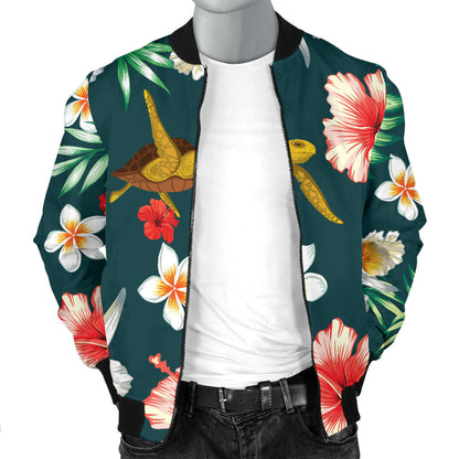 Hawaiian Flower Design with SeaTurtle Print Men Bomber Jacket
