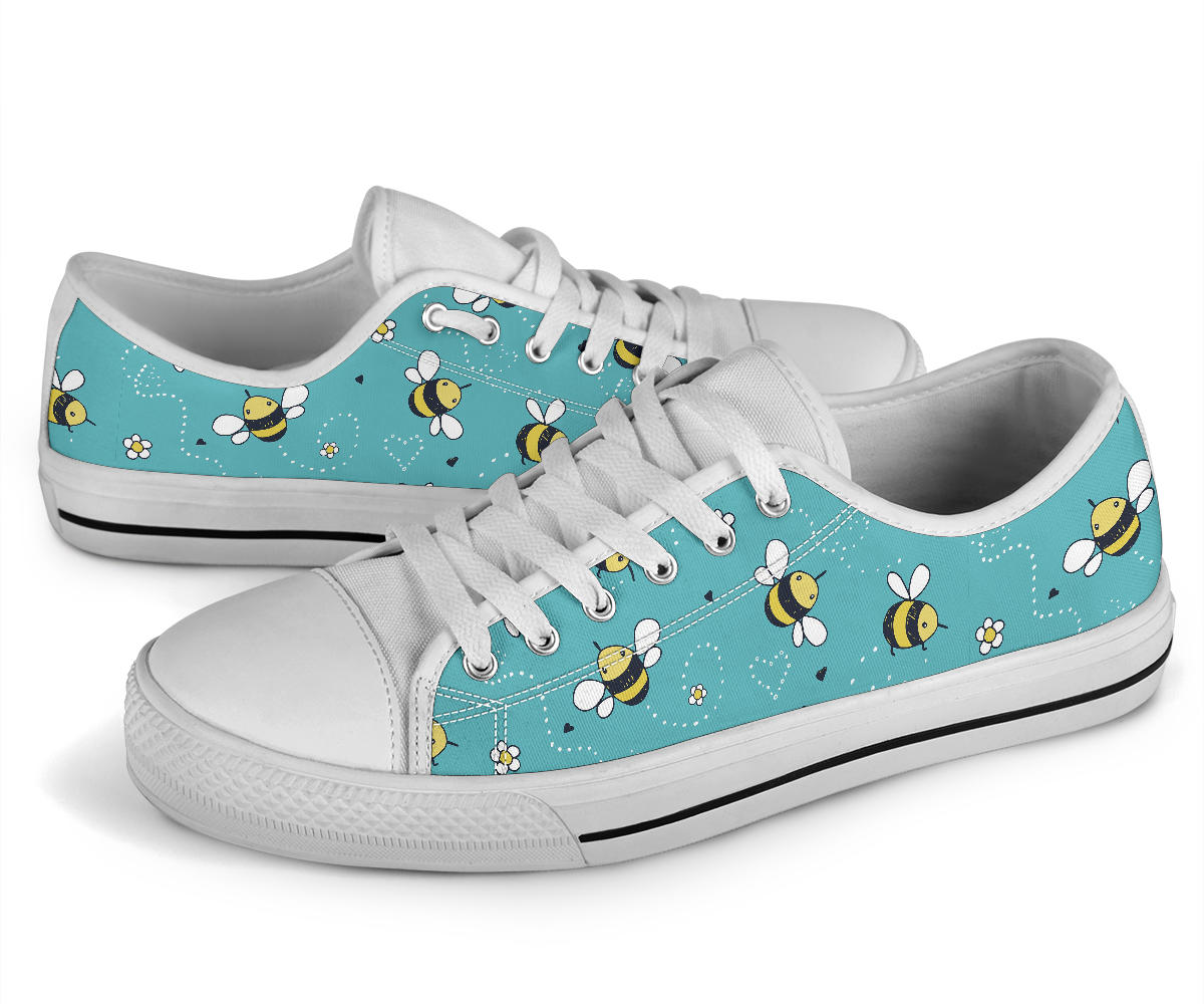 Bee Pattern Print Design BEE02 White Bottom Low Top Shoes