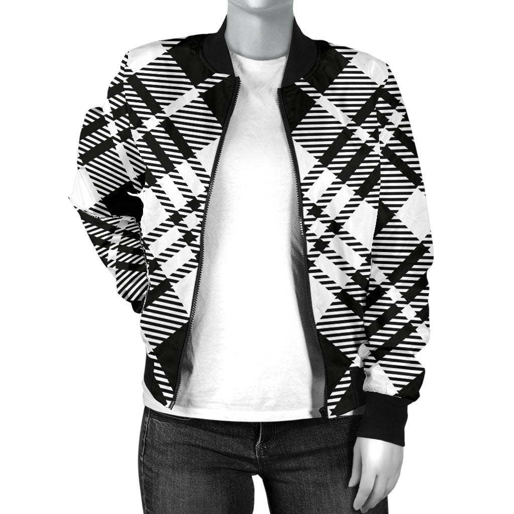 Plaid Black White Pattern Print Design A02 Women's Bomber Jacket