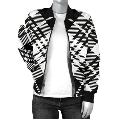 Plaid Black White Pattern Print Design A02 Women's Bomber Jacket