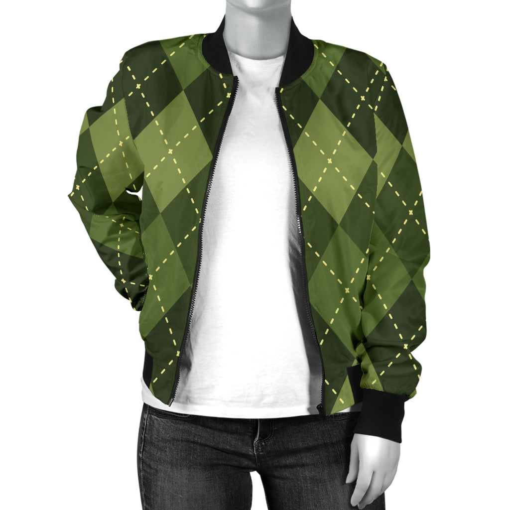 Argyle Green Pattern Print Design 01 Women's Bomber Jacket