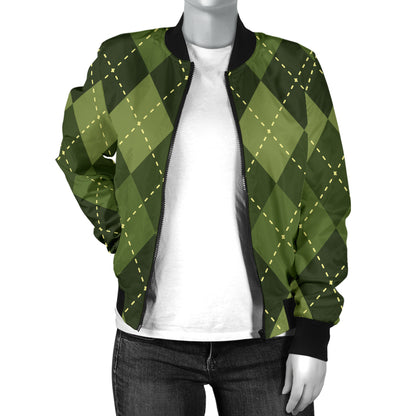 Argyle Green Pattern Print Design 01 Women's Bomber Jacket