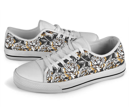 Peony Pattern Print Design PE06 White Bottom Low Top Shoes