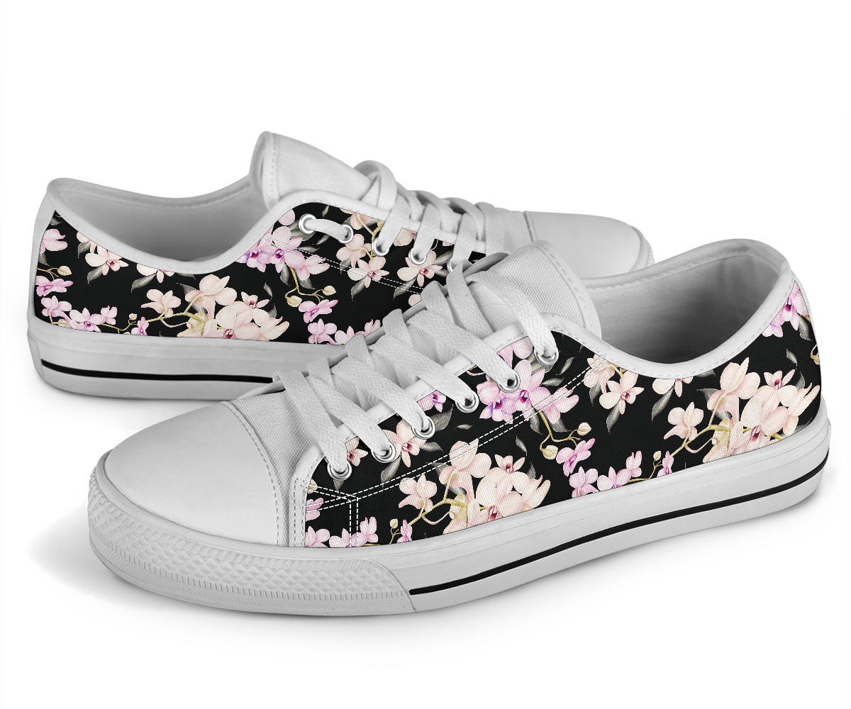 Orchid White Pattern Print Design OR03 White Bottom Low Top Shoes