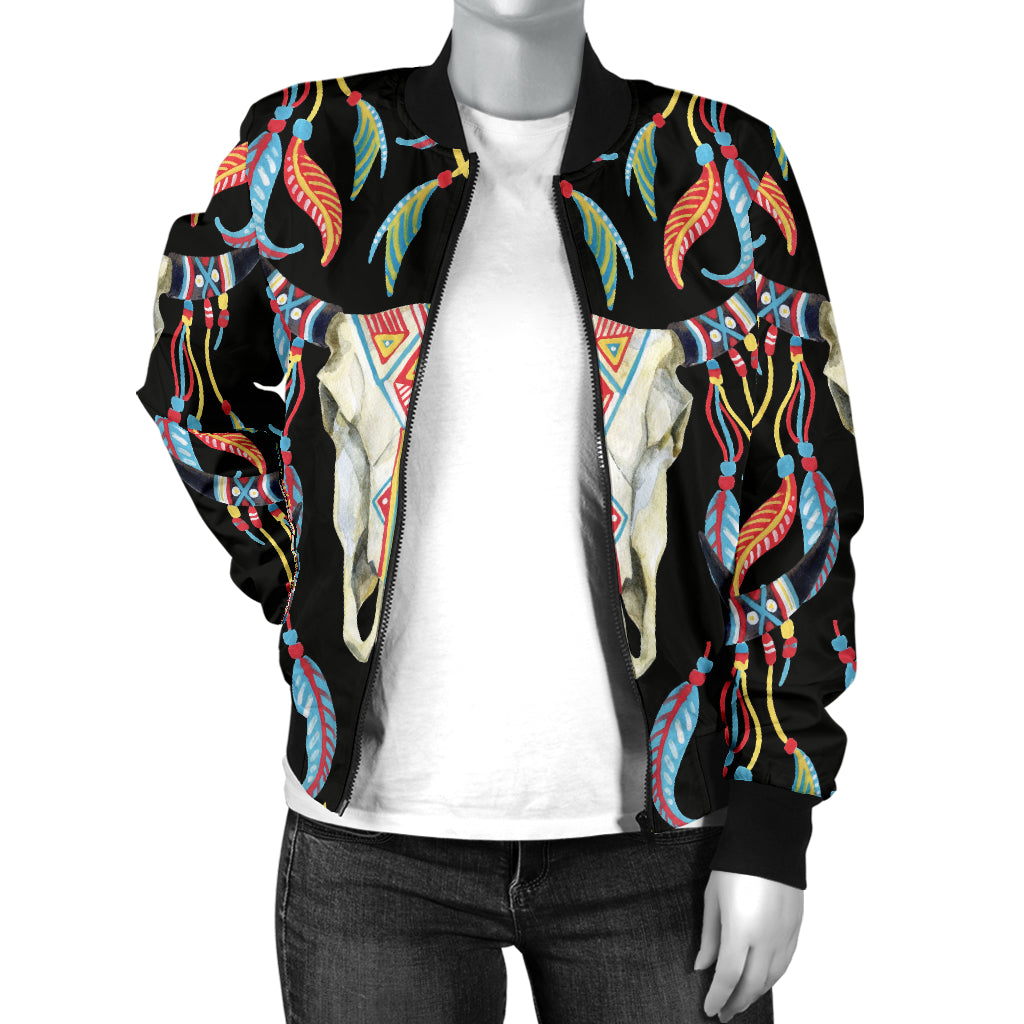 Buffalo Head Boho Style Pattern Print Design 01 Women's Bomber Jacket