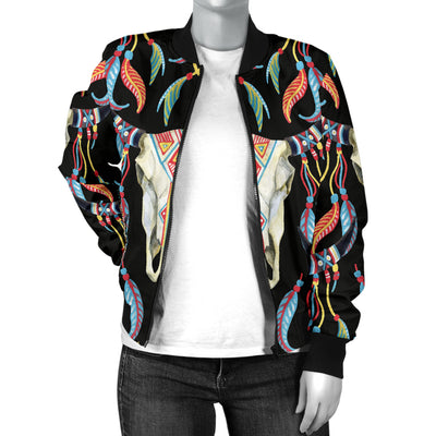 Buffalo Head Boho Style Pattern Print Design 01 Women's Bomber Jacket