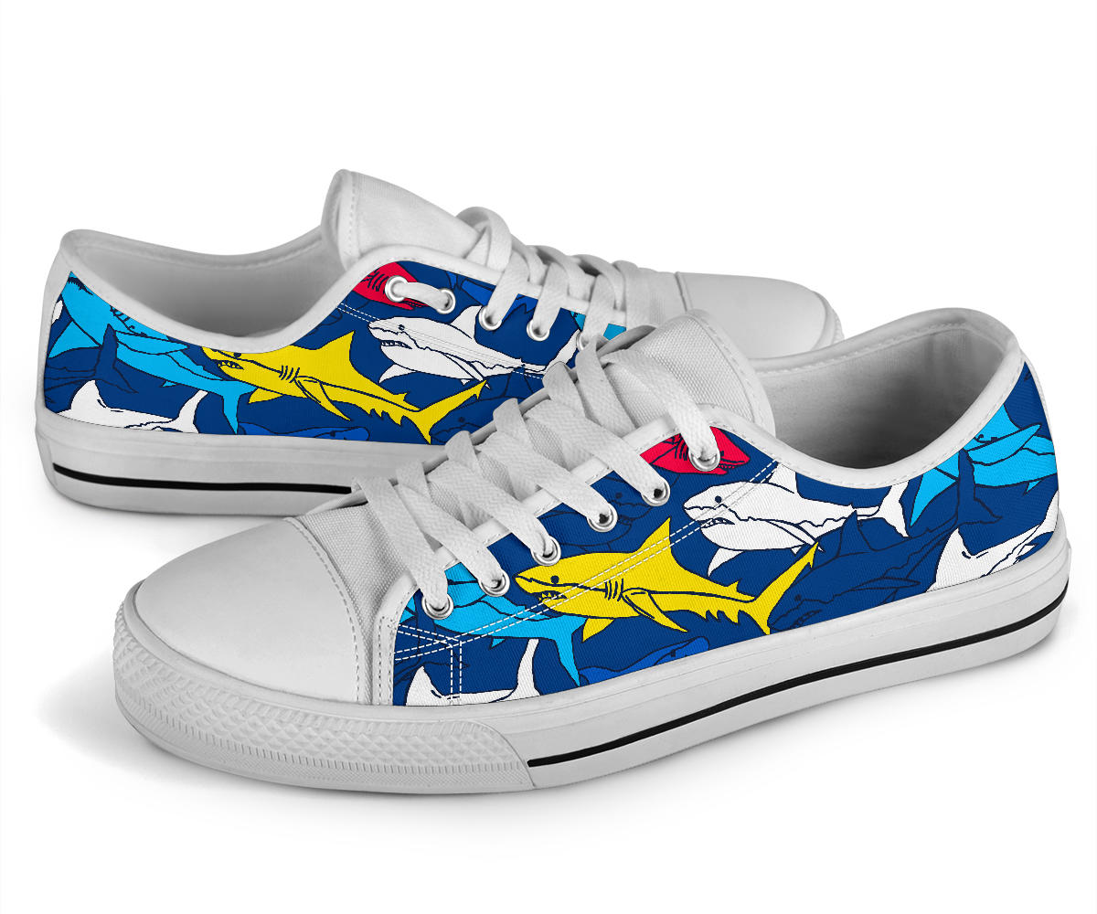 Shark Color Pattern White Bottom Low Top Shoes