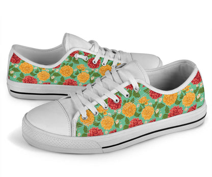 Dahlia Pattern Print Design DH011 White Bottom Low Top Shoes