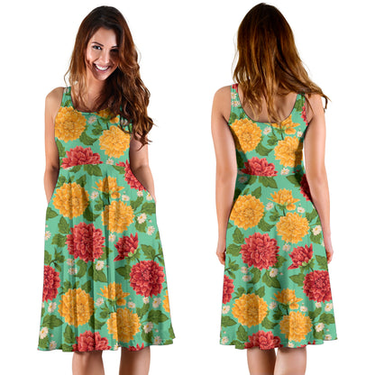 Dahlia Pattern Print Design DH011 Midi Dress