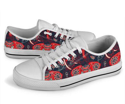Red Indian Elephant Pattern White Bottom Low Top Shoes