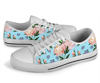 Peony Pattern Print Design PE02 White Bottom Low Top Shoes