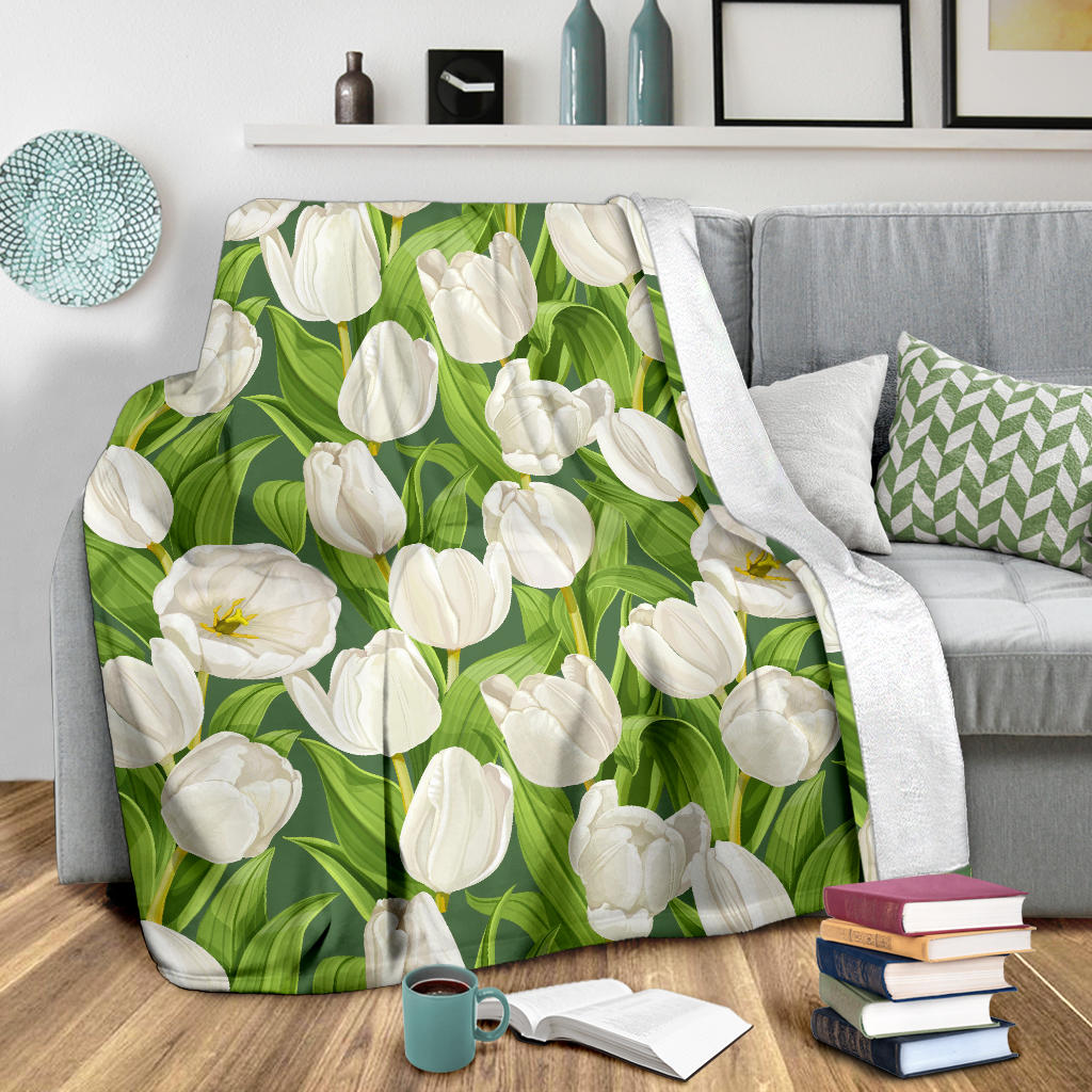 Tulip White Pattern Print Design TP05 Fleece Blanket