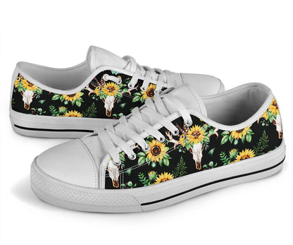 Sunflower Pattern Print Design SF08 White Bottom Low Top Shoes