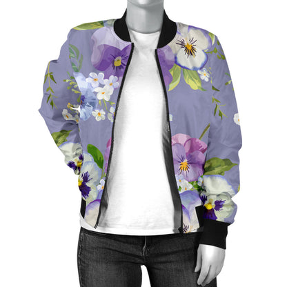 Pansy Pattern Print Design PS05 Women Bomber Jacket