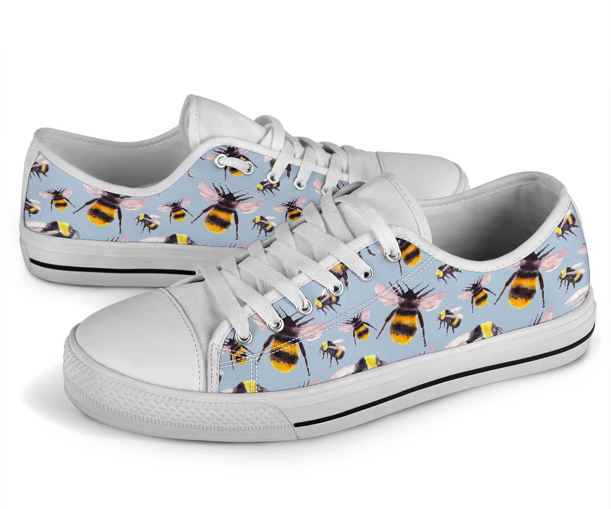 Bee Pattern Print Design BEE08 White Bottom Low Top Shoes