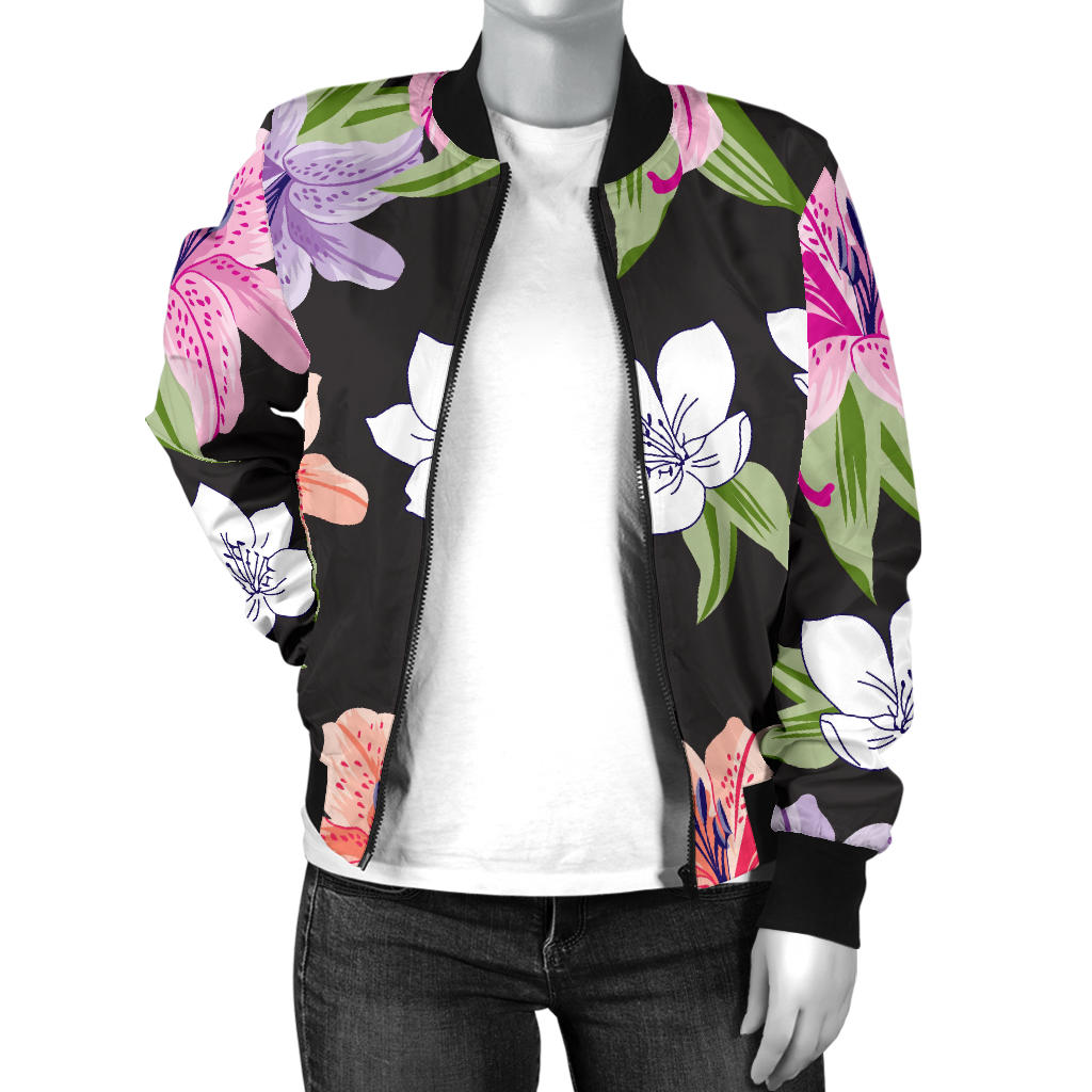 Lily Pattern Print Design LY02 Women Bomber Jacket