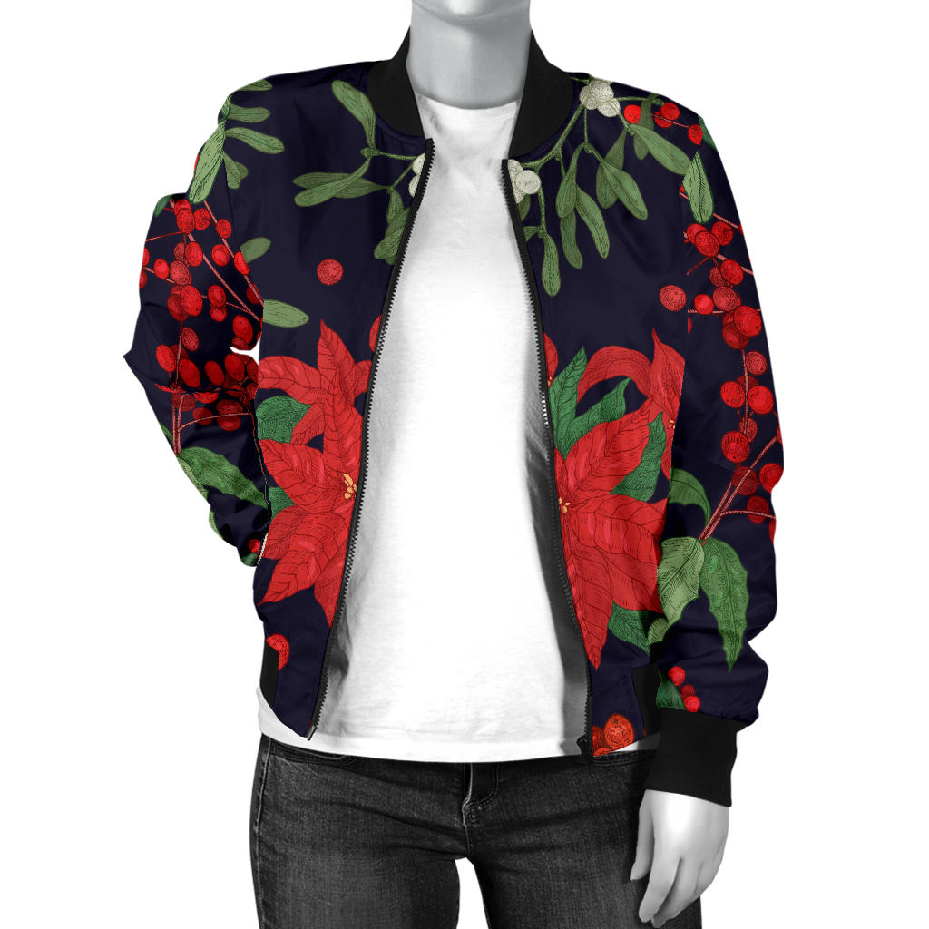 Poinsettia Pattern Print Design POT02 Women Bomber Jacket