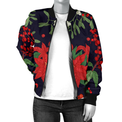 Poinsettia Pattern Print Design POT02 Women Bomber Jacket