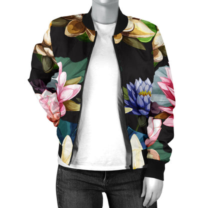 Water Lily Pattern Print Design WL02 Women Bomber Jacket
