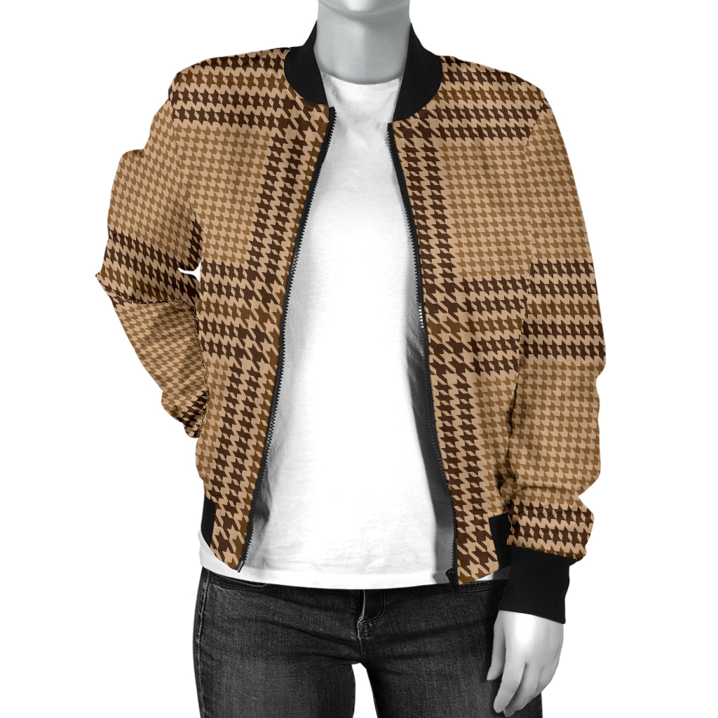 Houndstooth Brown Pattern Print Design 04 Women's Bomber Jacket