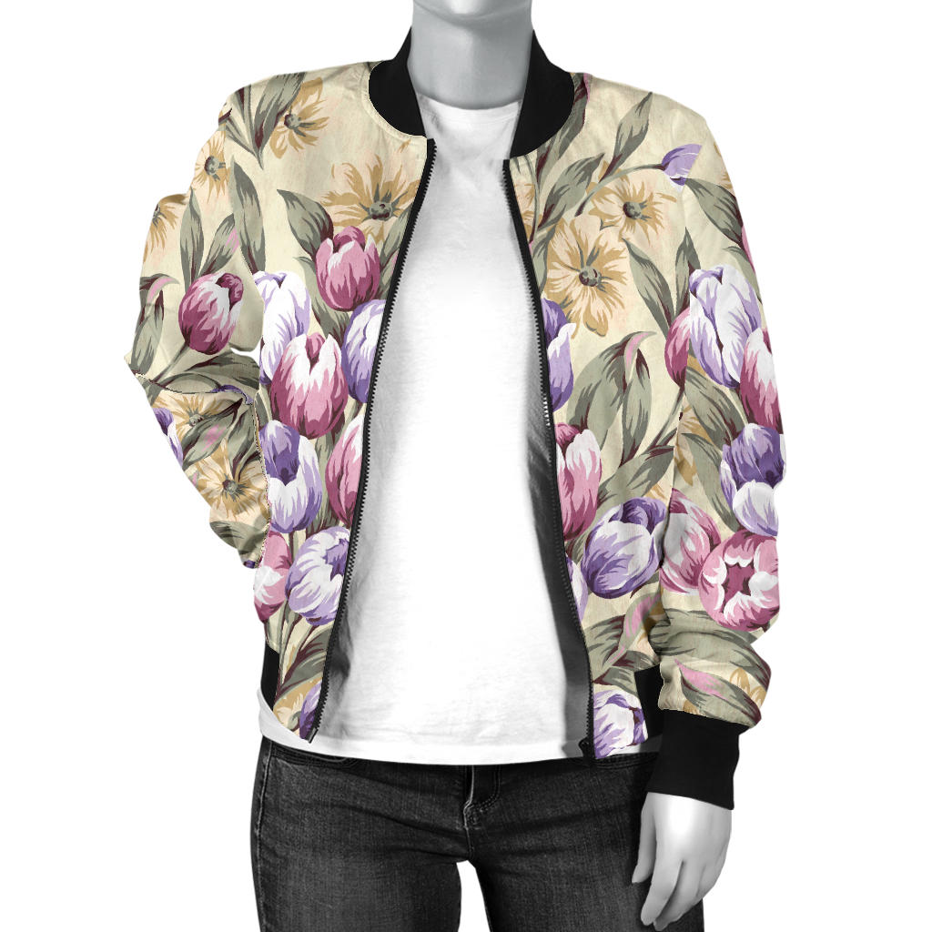 Tulip Pattern Print Design TP04 Women Bomber Jacket