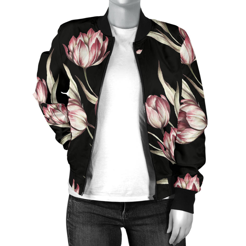 Tulip Pink Pattern Print Design TP02 Women Bomber Jacket