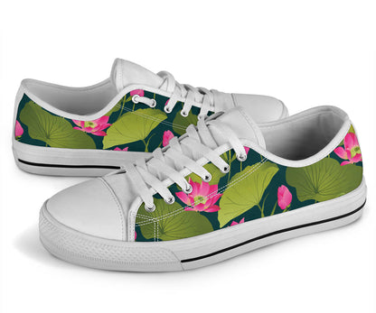 Water Lily Pattern Print Design WL09 White Bottom Low Top Shoes