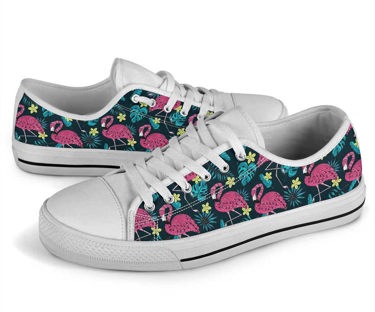 Flamingo Print Pattern White Bottom Low Top Shoes