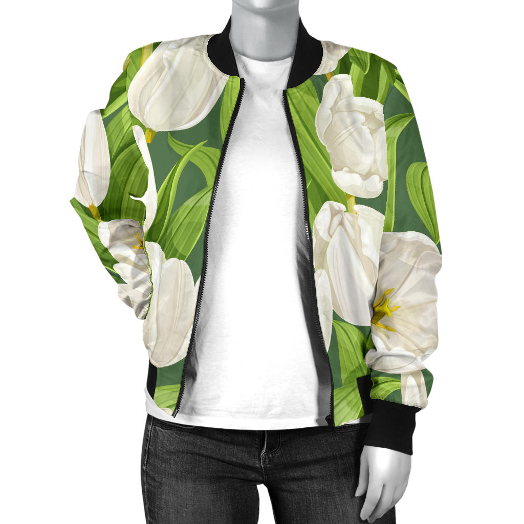 Tulip White Pattern Print Design TP05 Women Bomber Jacket