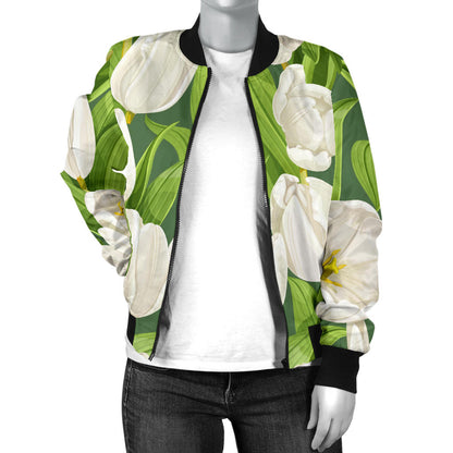 Tulip White Pattern Print Design TP05 Women Bomber Jacket