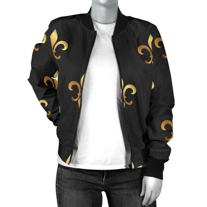 Fleur De Lis Gold Pattern Print Design 03 Women's Bomber Jacket