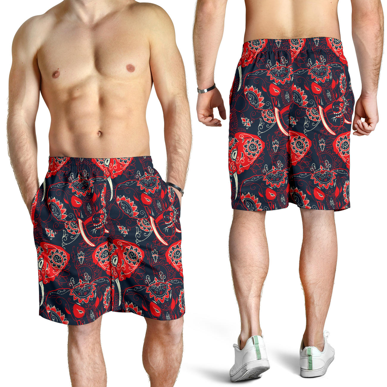 Red Indian Elephant Pattern Mens Shorts