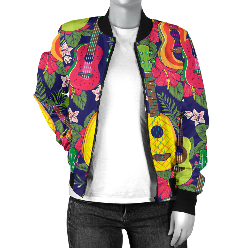 Ukulele Tropical Pattern Print Design 03 Women's Bomber Jacket
