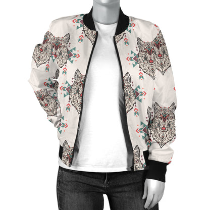 Aztec Wolf Pattern Print Design 01 Women's Bomber Jacket