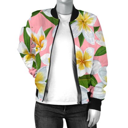 White Plumeria Pattern Print Design PM011 Women Bomber Jacket