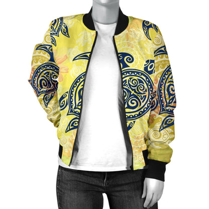 Hawaiian Turtle Tribal Design Print Women Bomber Jacket