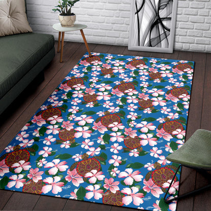 Sea Turtle Pink Hibiscus Hawaiian Print Area Rugs