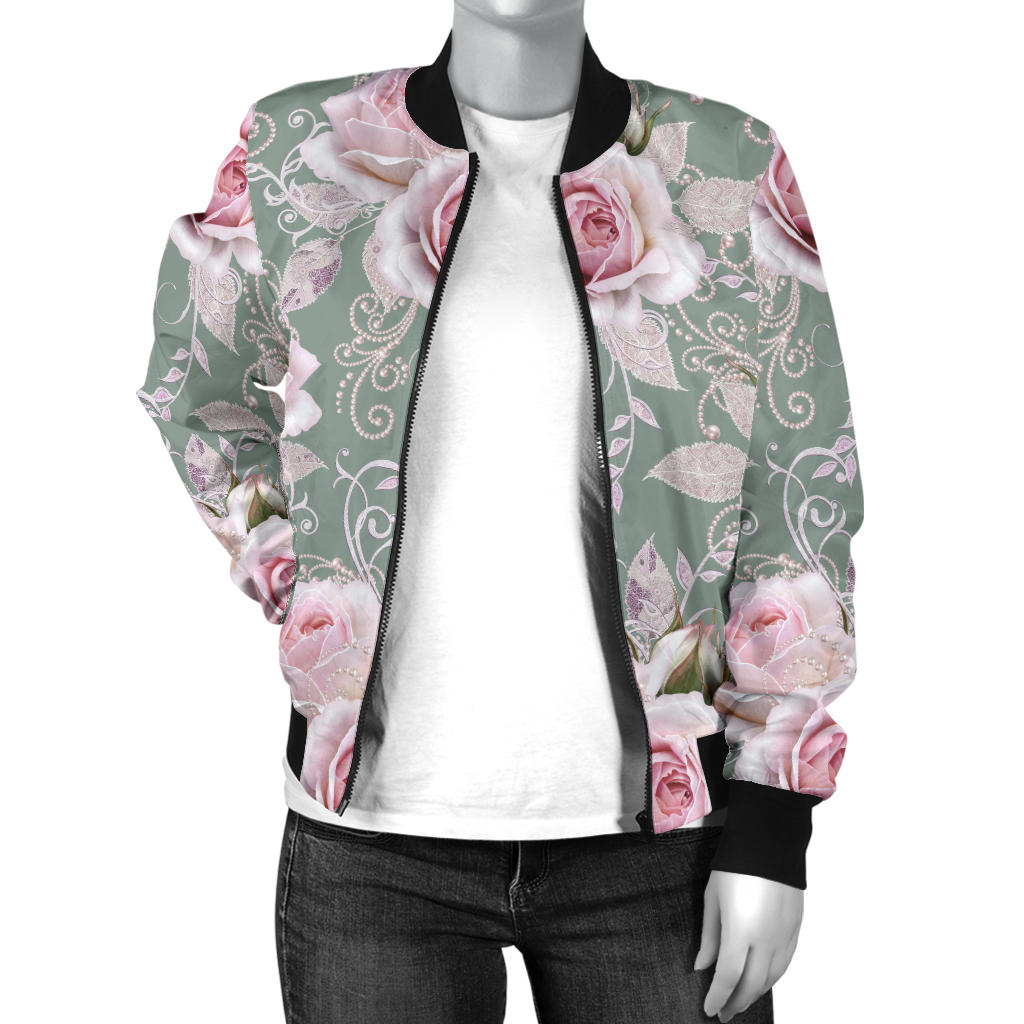 Rose White Pattern Print Design RO012 Women Bomber Jacket