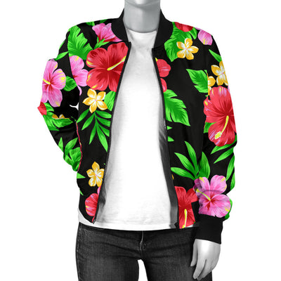 Pink Red Hibiscus Pattern Print Design HB023 Women Bomber Jacket