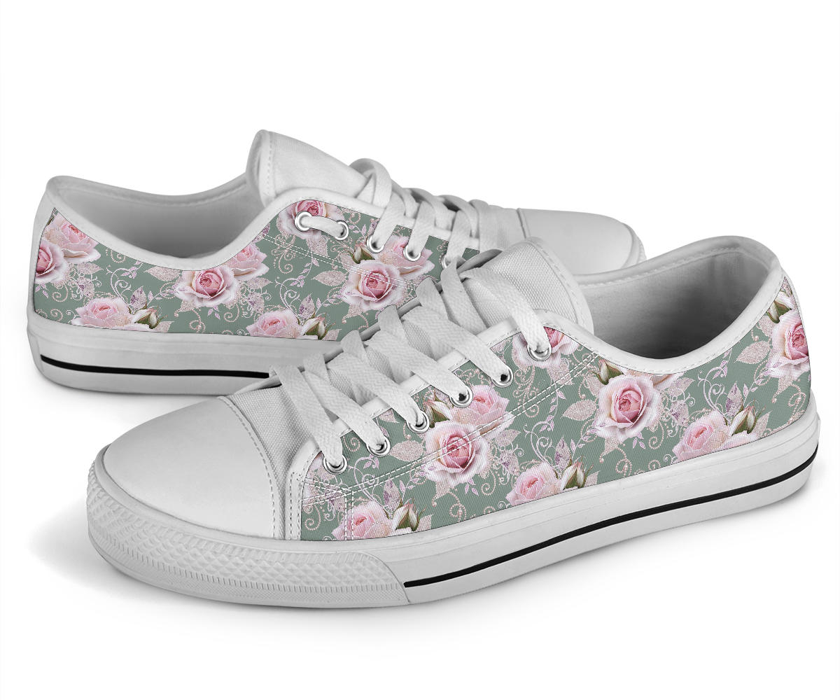 Rose White Pattern Print Design RO012 White Bottom Low Top Shoes