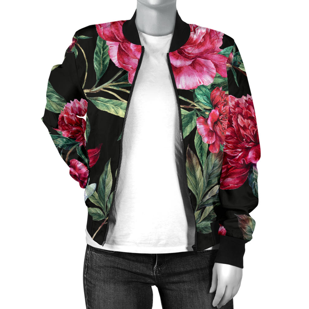 Peony Pattern Print Design PE04 Women Bomber Jacket