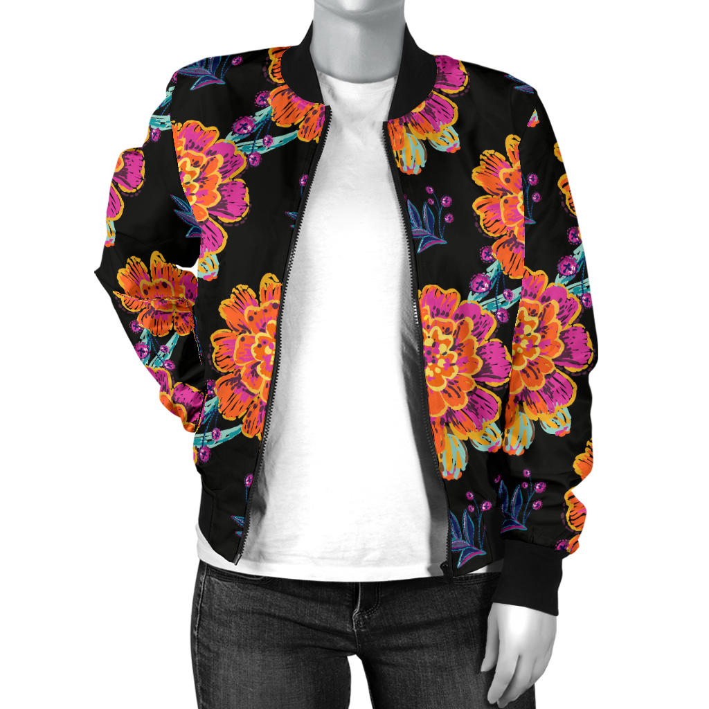 Marigold Pattern Print Design MR04 Women Bomber Jacket
