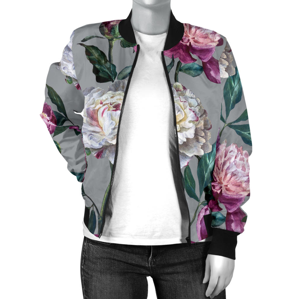 Peony Pattern Print Design PE01 Women Bomber Jacket