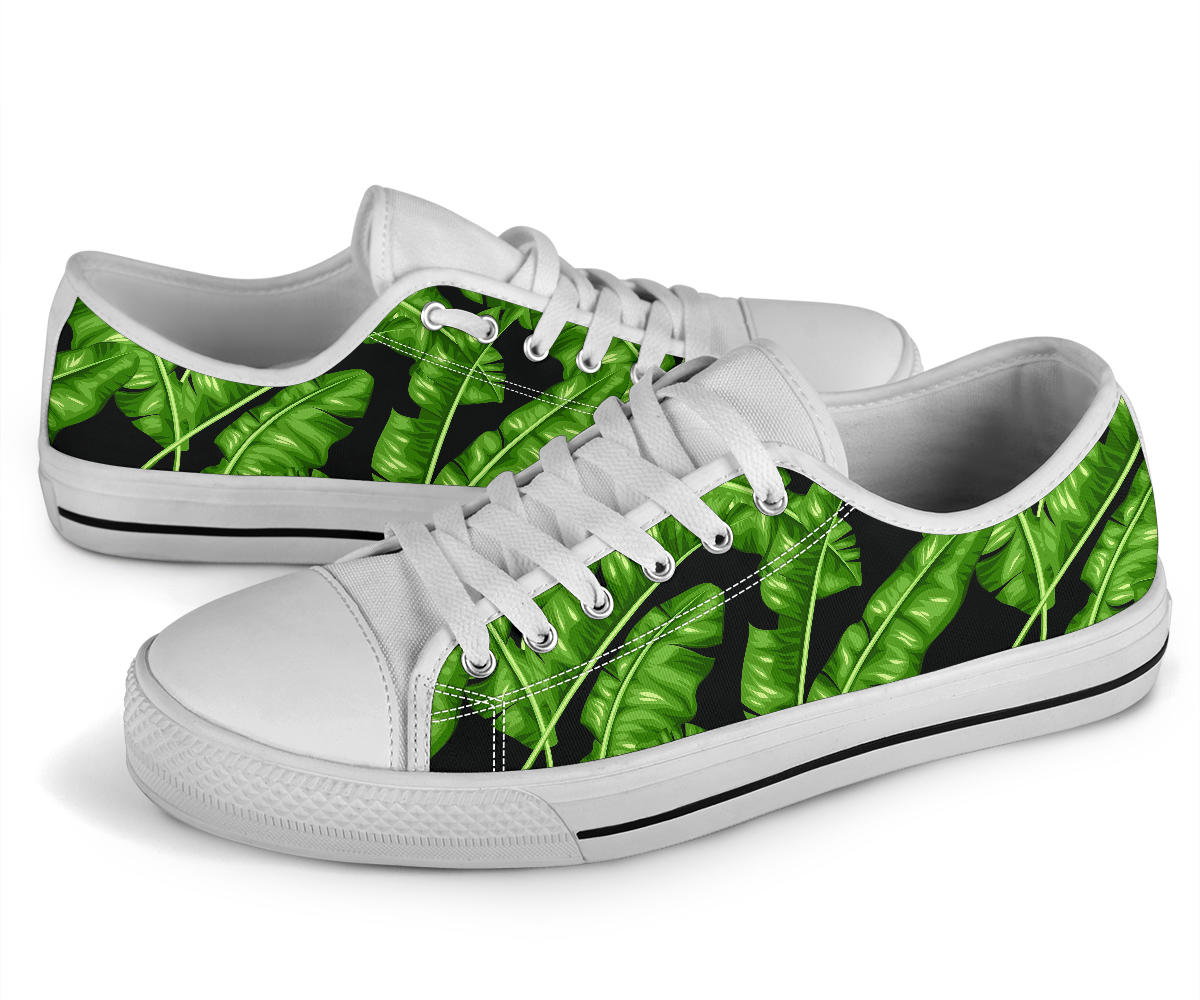 Banana Leaf Pattern Print Design BL01 White Bottom Low Top Shoes