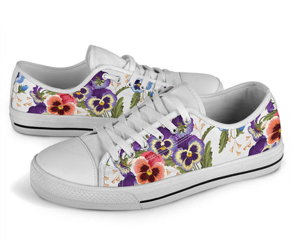 Pansy Pattern Print Design PS06 White Bottom Low Top Shoes