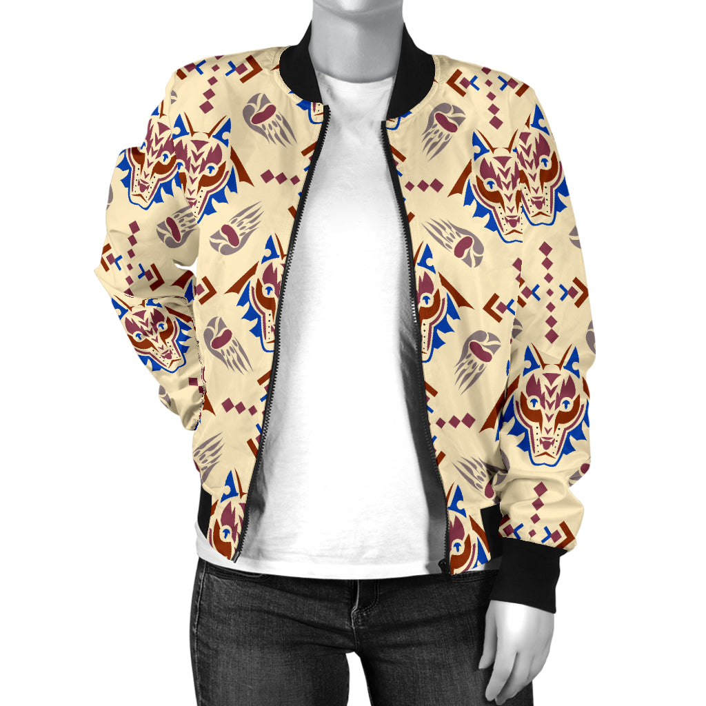 Aztec Wolf Pattern Print Design 03 Women's Bomber Jacket